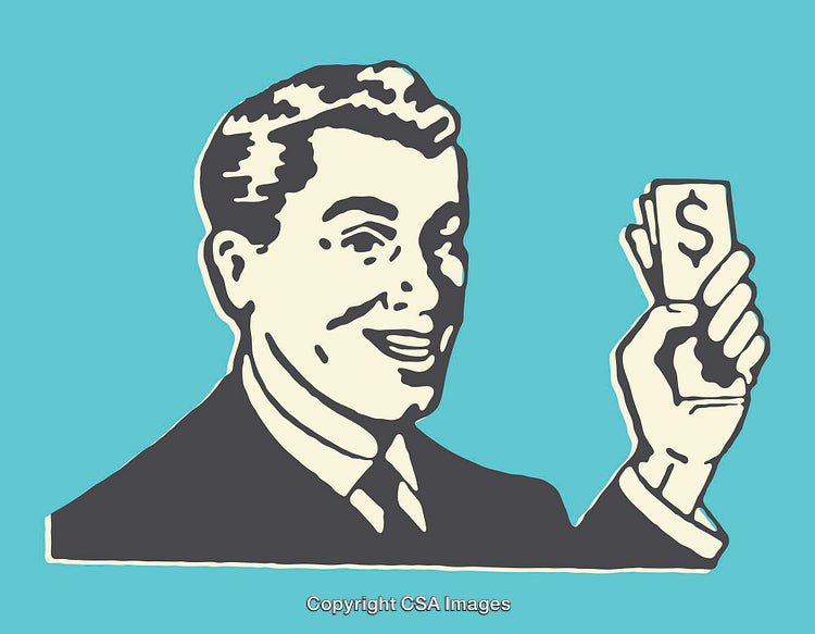 Retro Illustration of Smiling Man Holding Money on Blue Background