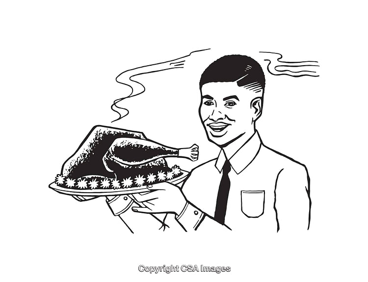 Hand-Drawn Smiling Man Proudly Presenting a Cooked Turkey on a Platter