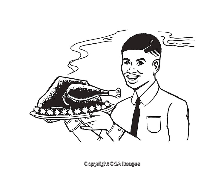 Hand-Drawn Smiling Man Proudly Presenting a Cooked Turkey on a Platter