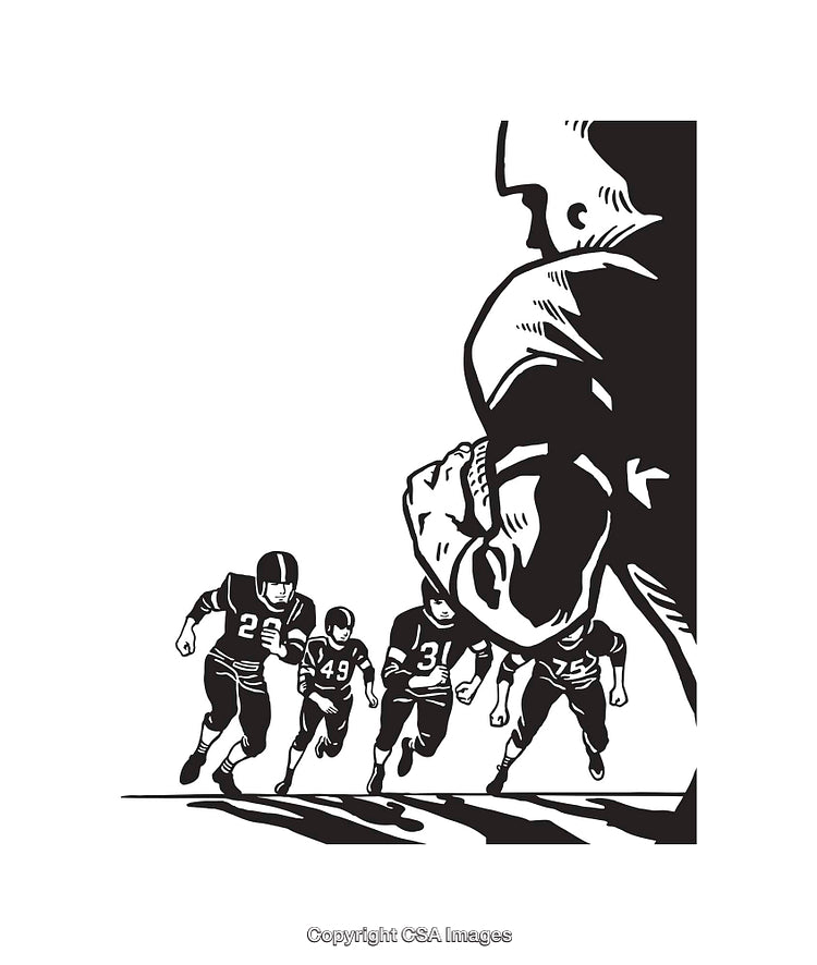 Black and White Line Art Illustration of Football Players in Action