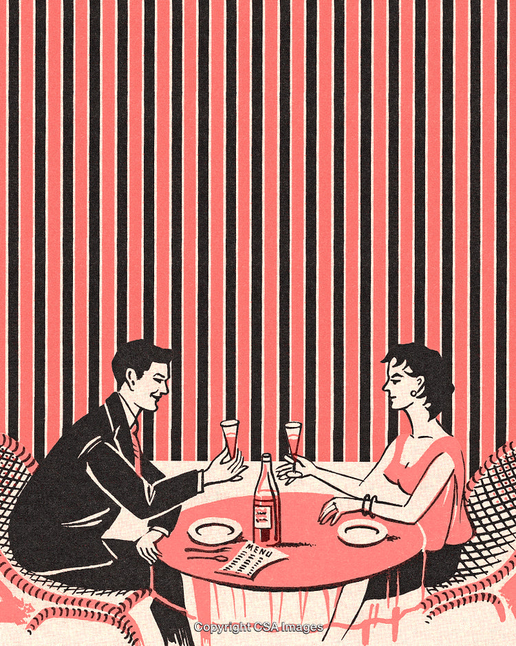 Retro Illustration of a Couple Enjoying a Romantic Drink at a Restaurant