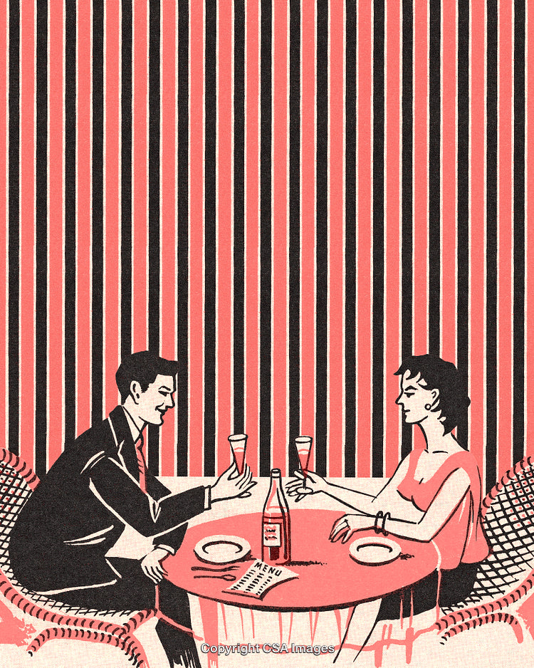 Retro Illustration of a Couple Enjoying a Romantic Drink at a Restaurant