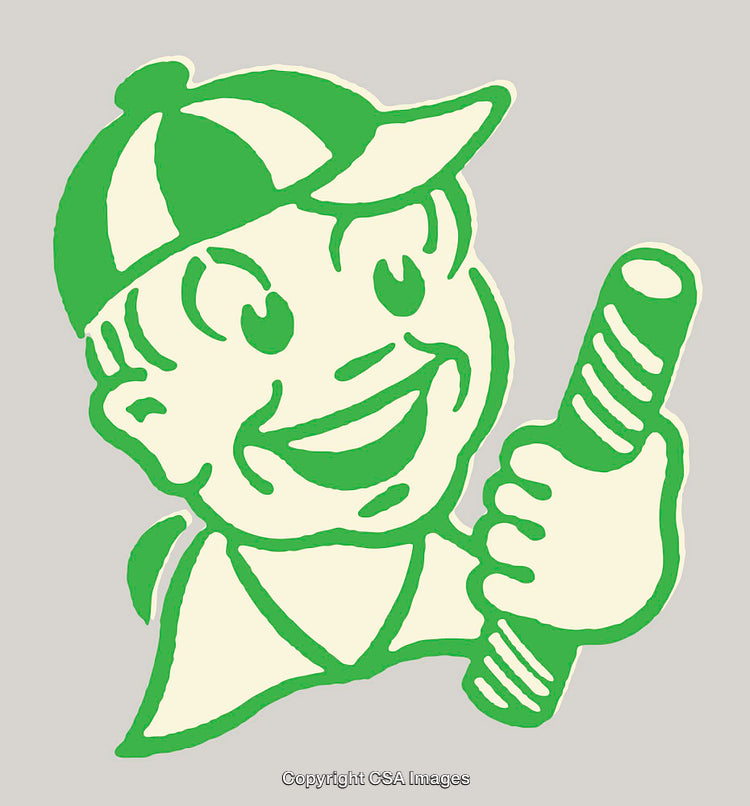 Vintage Style Green and Cream Baseball Player Illustration Featuring a Bat