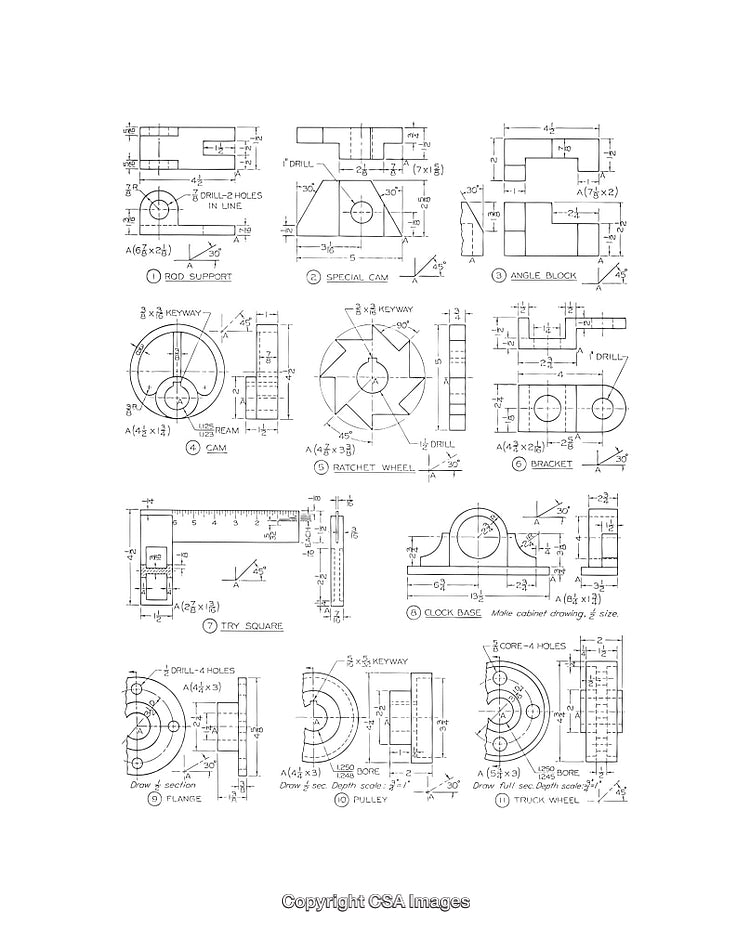 Detailed Black and White Engineering Design Diagrams for Technical Illustrations