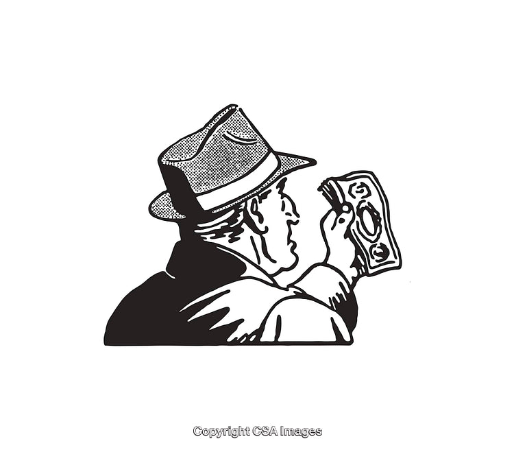 Man Analyzing Currency in Black and White Line Art Illustration