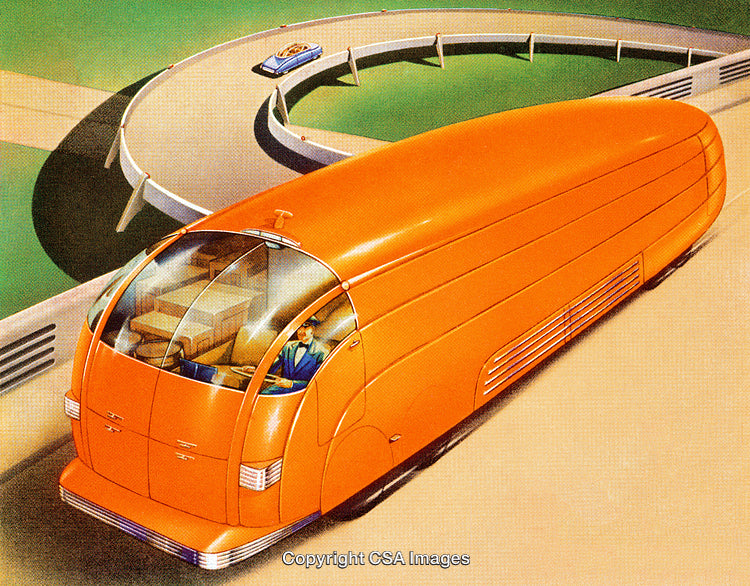 Futuristic Orange Vehicle on Highway Featuring Visionary Design and Technology