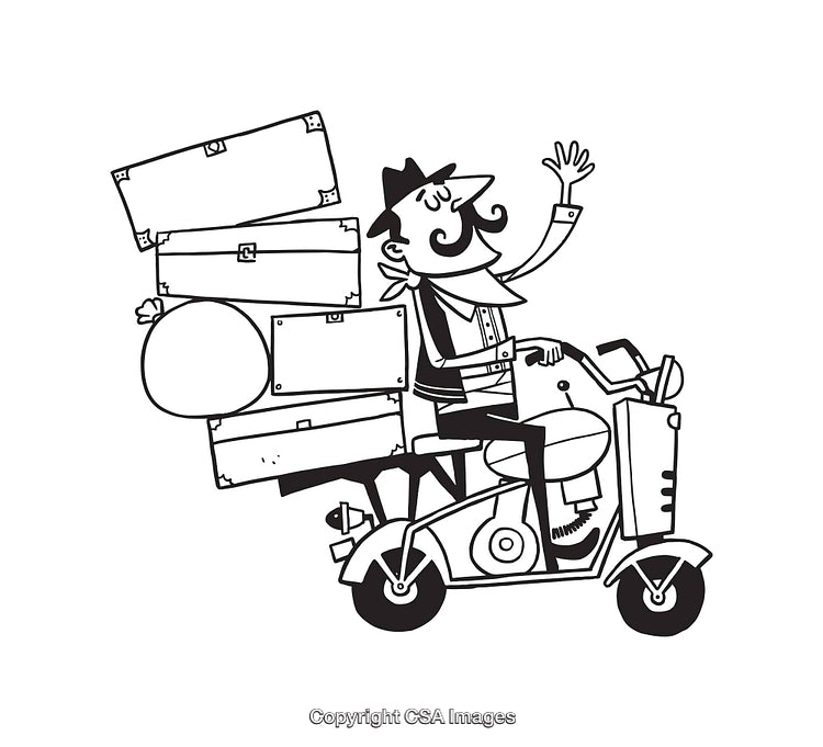 Illustration of a Man Traveling on Scooty Carrying Luggage in Black and White