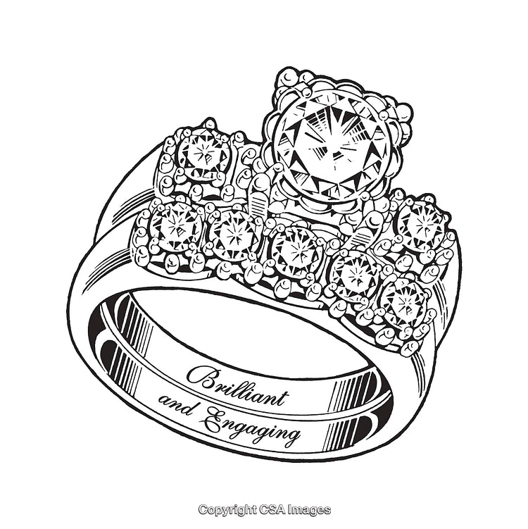 Detailed Black and White Line Art of an Elegant Diamond Ring
