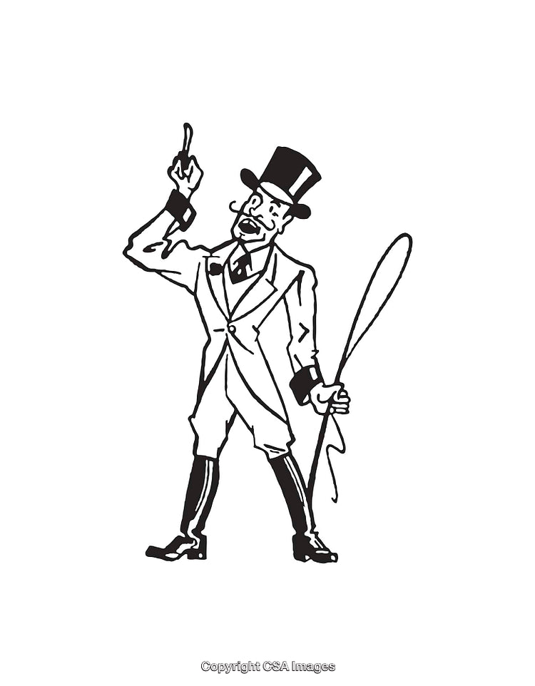 Black and White Drawing of a Circus Ringmaster with Top Hat and Whip