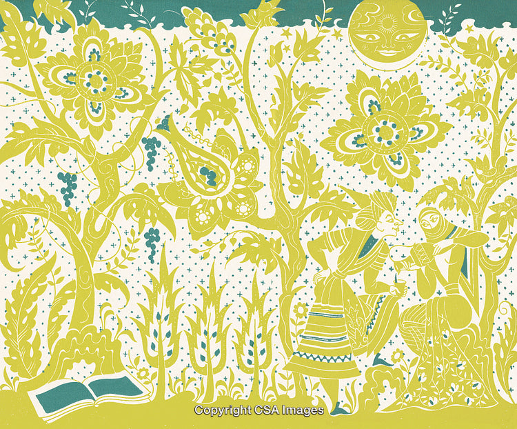 Whimsical Garden Scene Featuring Figures and Decorative Floral Elements Under the Moon