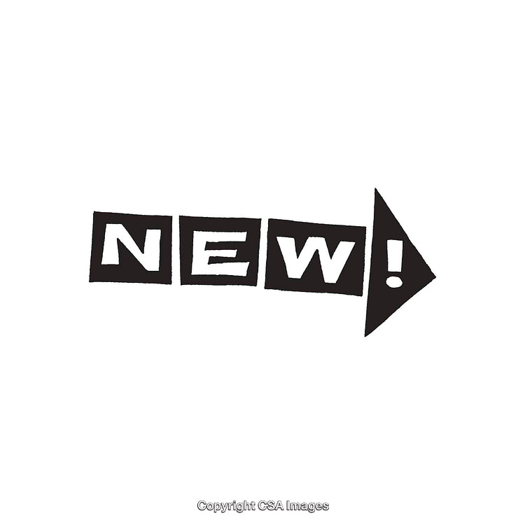 Bold Black and White "New!" Arrow Graphic Dingbat Icon