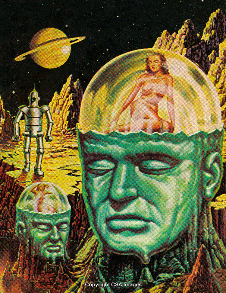Surreal Science Fiction Landscape with Robot and Giant Human Sculptures