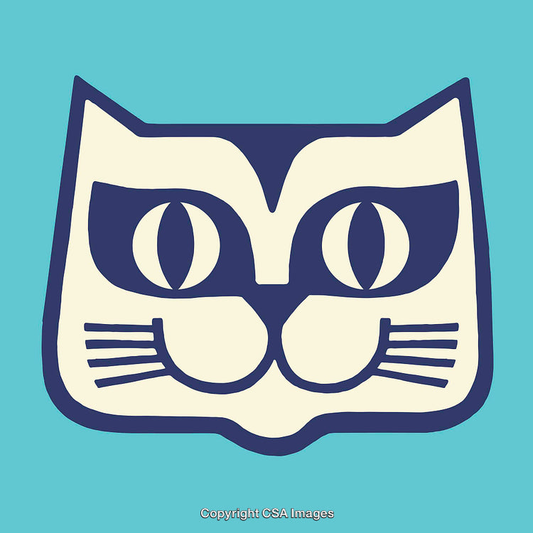 Stylized Illustration of a Feline Face in Blue on Turquoise Background