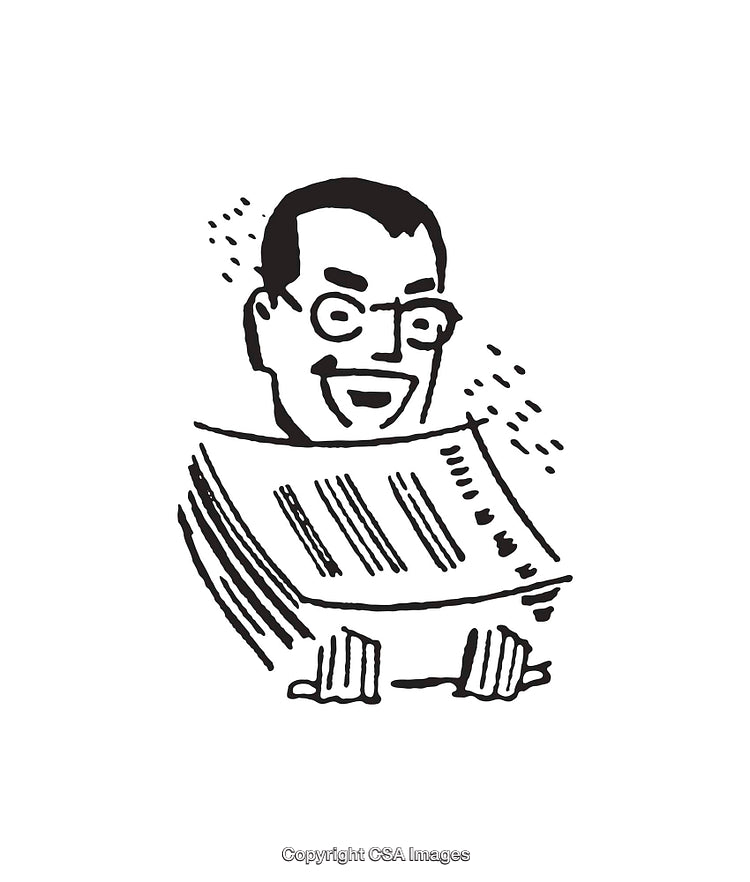 Black and White Illustration of a Smiling Person Reading a Newspaper