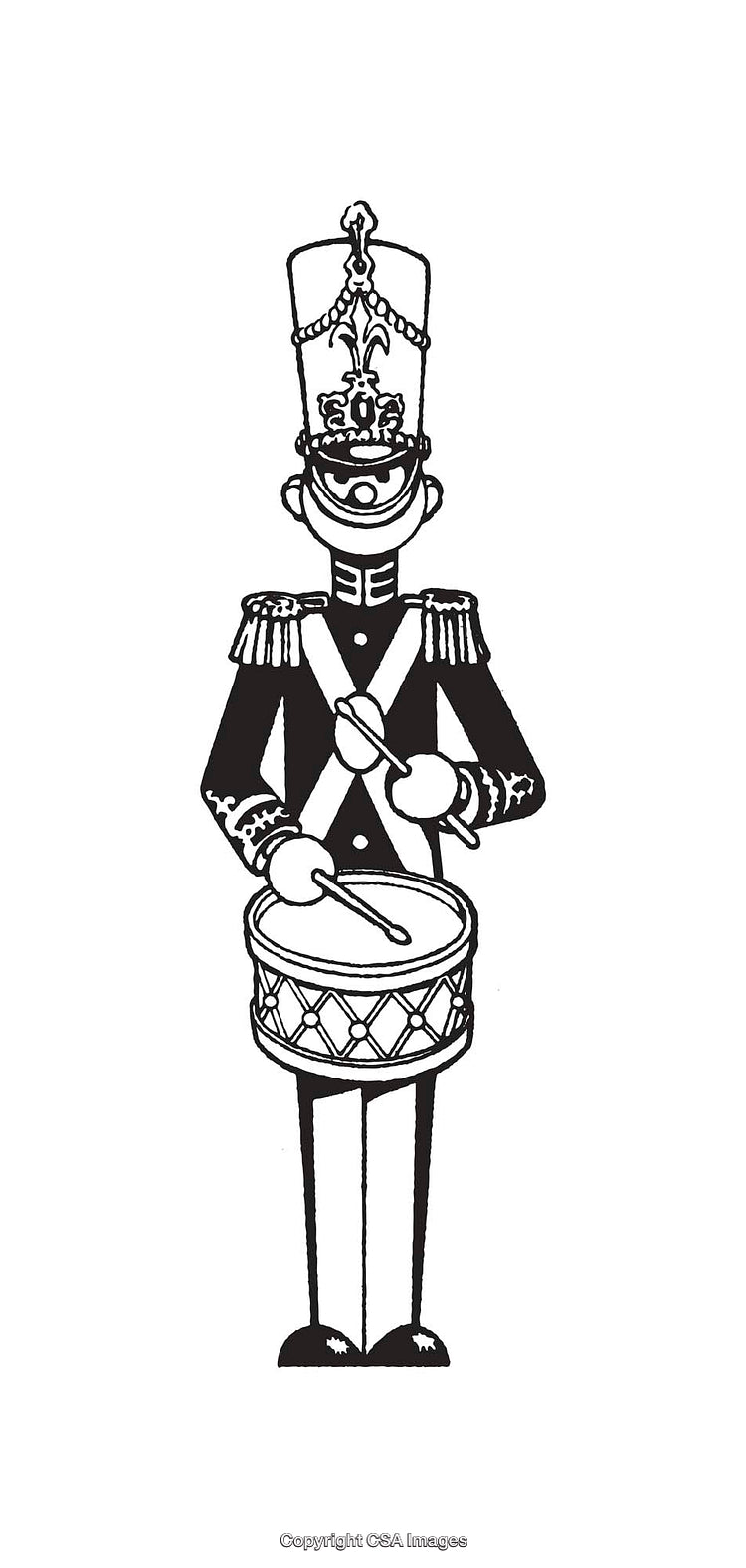 Black and White Illustration of a Drum-Marching Soldier in Traditional Uniform