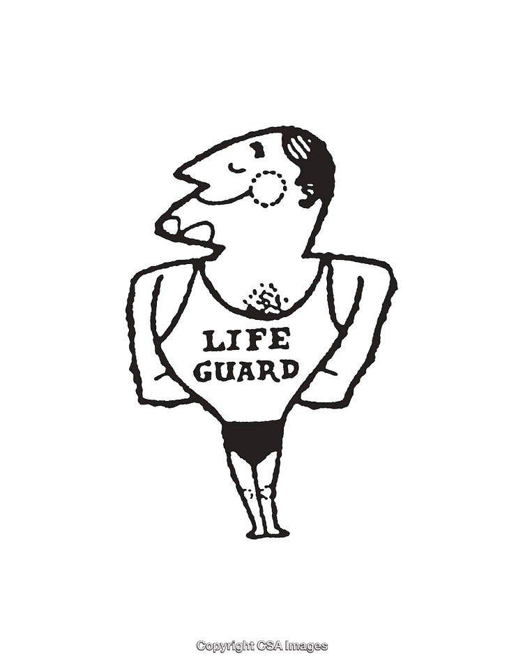 Black and White Line Art Illustration of a Cartoon Lifeguard Character