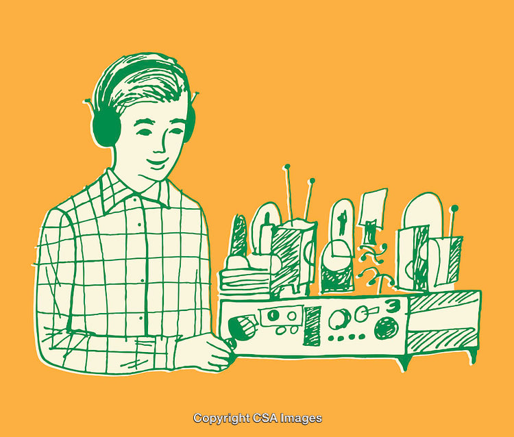 Illustration of a Person Using a Radio Device on an Orange Background