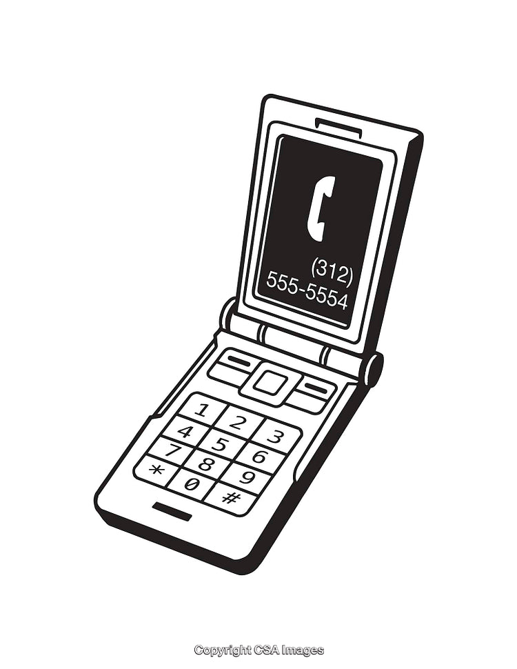 Black and White Flip Phone Line Art with Contact Display