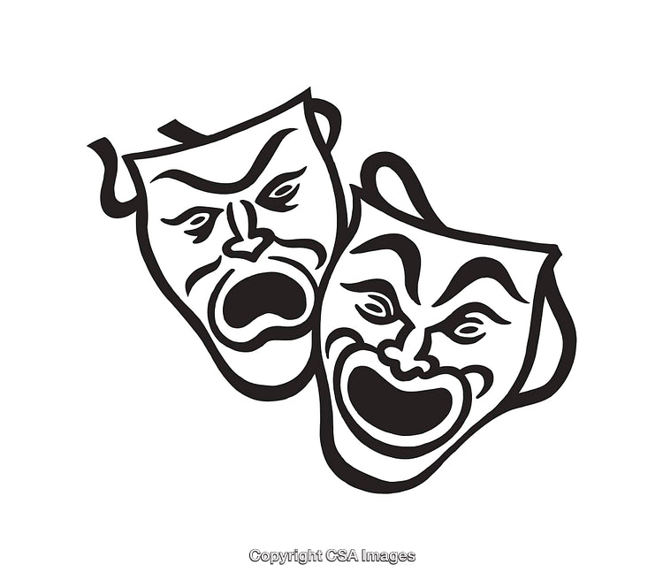 Stylized Black and White Illustration of Dramatic Theater Masks