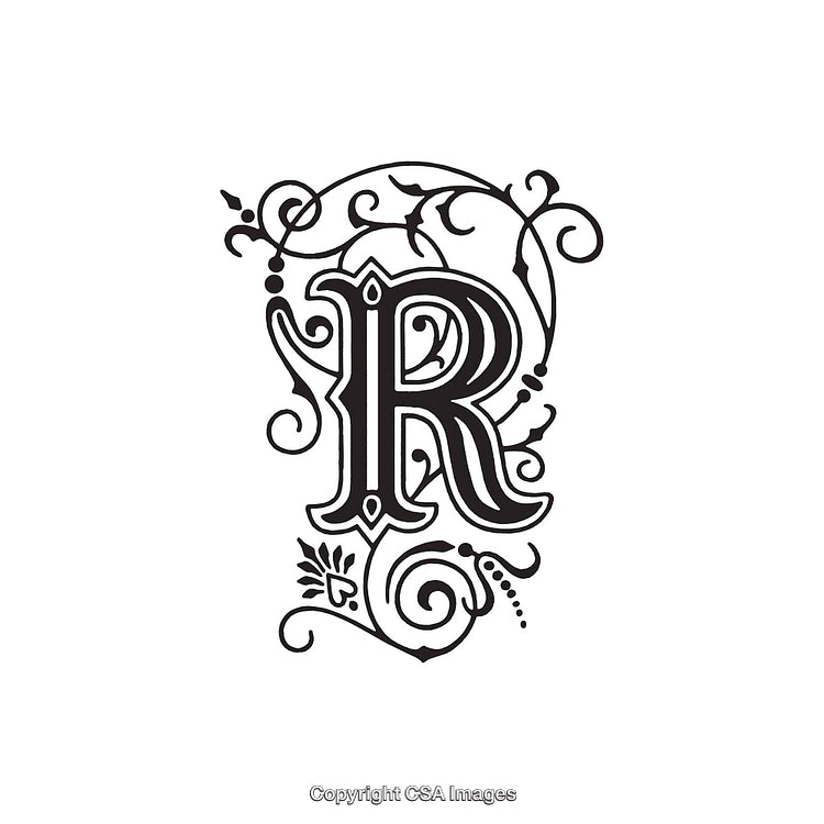 Elegant Ornamental Letter R with Decorative Swirls and Flourishes