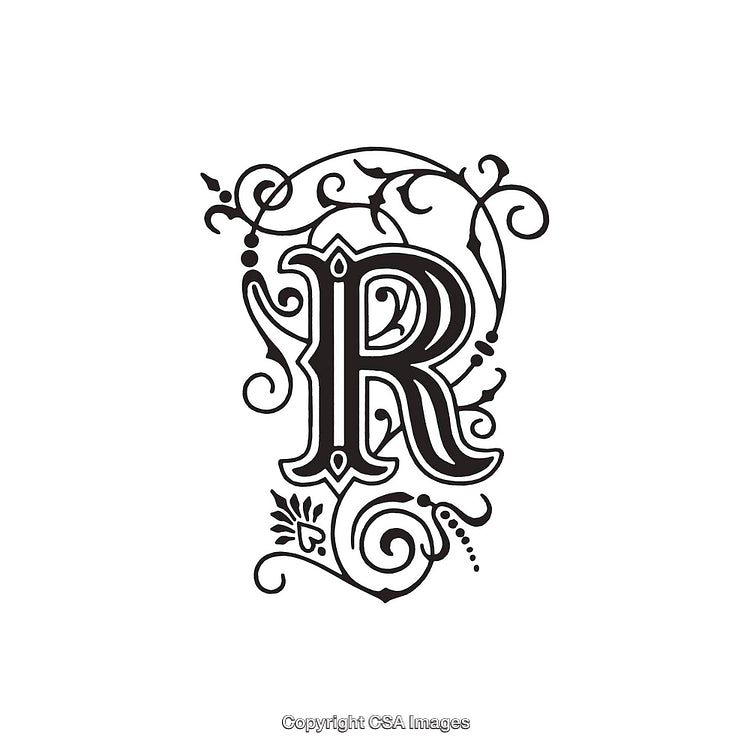 Elegant Ornamental Letter R with Decorative Swirls and Flourishes