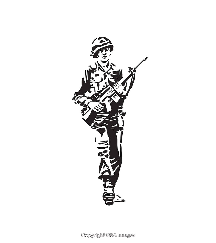 Black and White Line Art of Armed Soldier Walking in Uniform