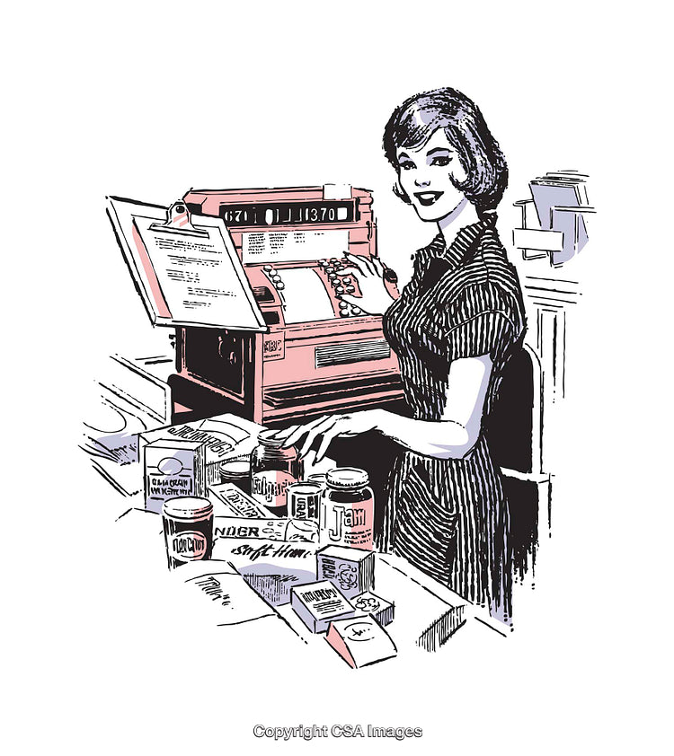 Retro Illustration of a Smiling Woman at a Checkout Counter
