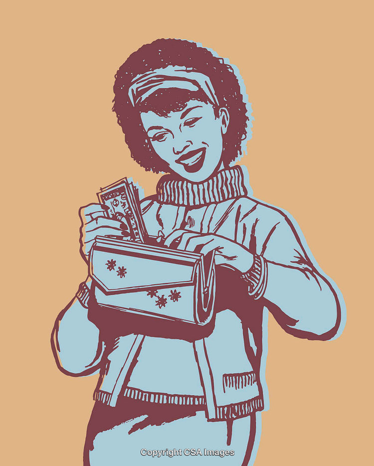 Retro Illustration of Smiling Woman Holding Wallet and Cash