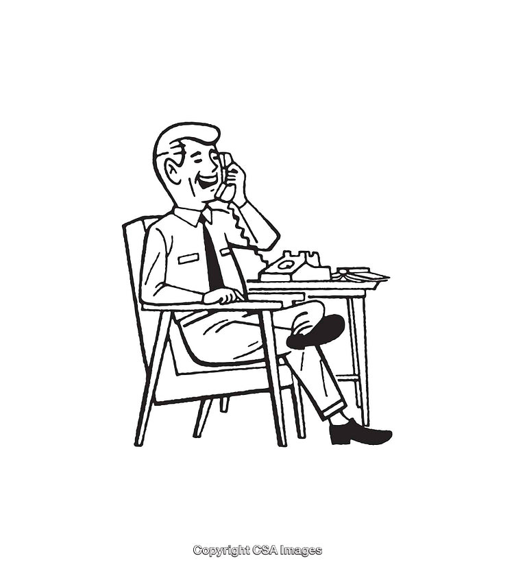 Retro Black and White Line Art of Man at Work in Office