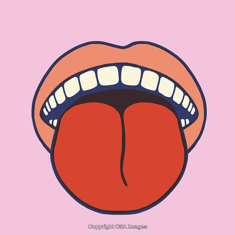Colorful Line Art of Mouth with Tongue Displayed on Pink Background