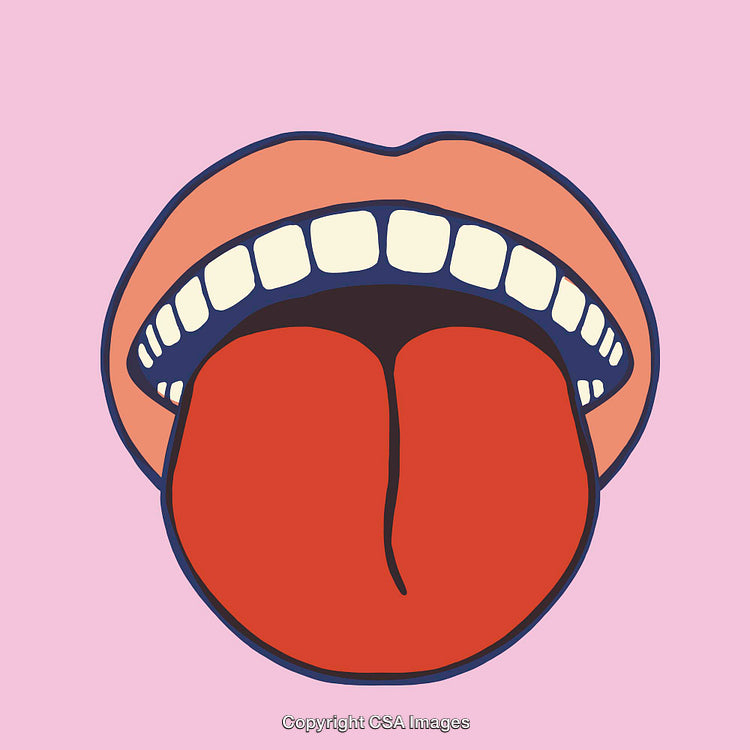 Colorful Line Art of Mouth with Tongue Displayed on Pink Background