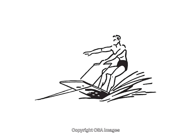 Black and White Line Art of Waterskiing Action Scene