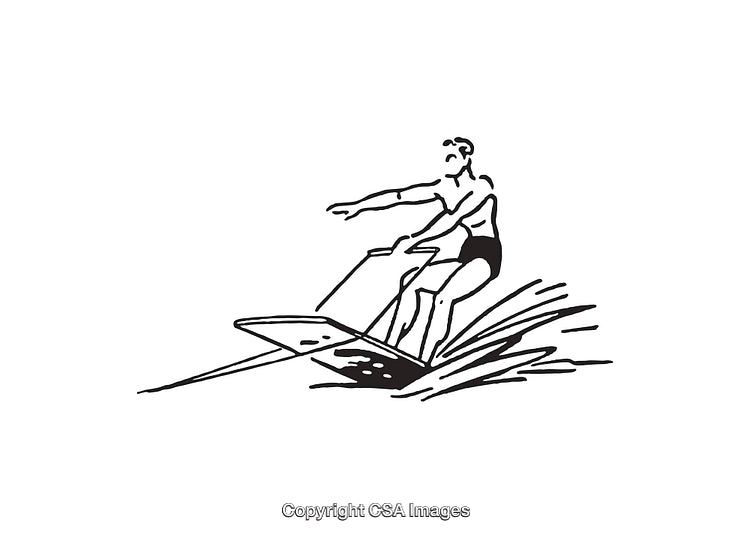 Black and White Line Art of Waterskiing Action Scene