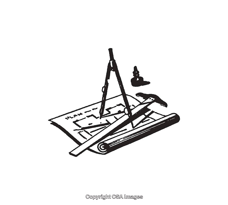 Black And White Line Art Illustration of Design Tools And Blueprint