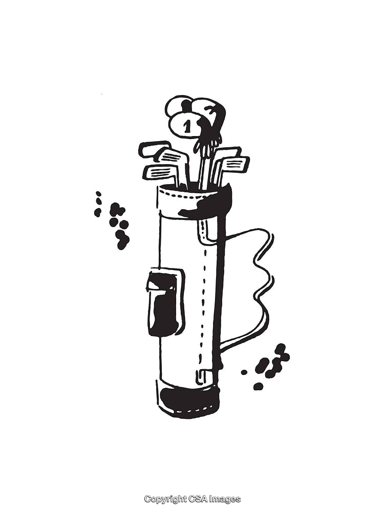 Black and White Illustration of a Golf Bag with Clubs and Accessories