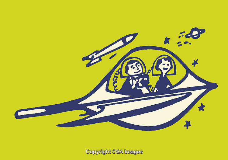 Whimsical Illustration of Space Travelers in a Futuristic Vehicle