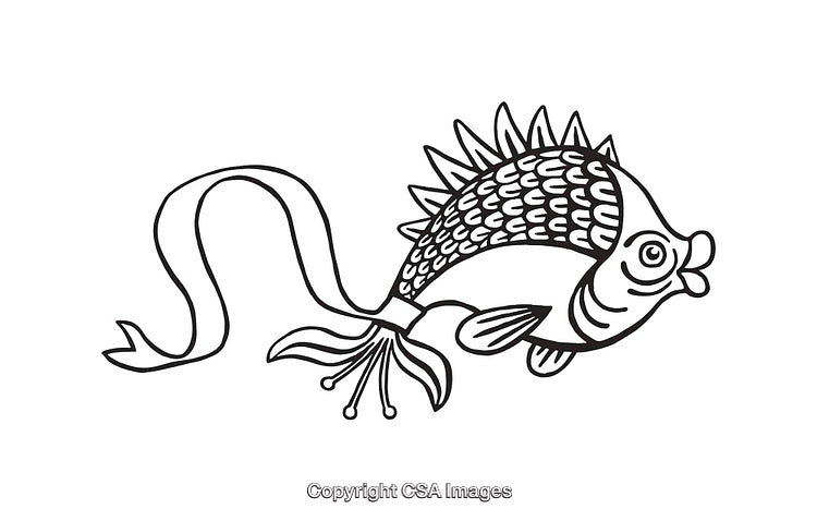 Detailed Black and White Line Art Illustration of a Stylized Fish