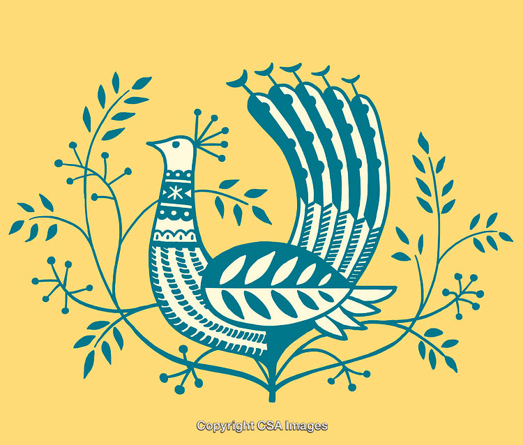 Artistic Line Drawing of a Stylized Bird with Decorative Details