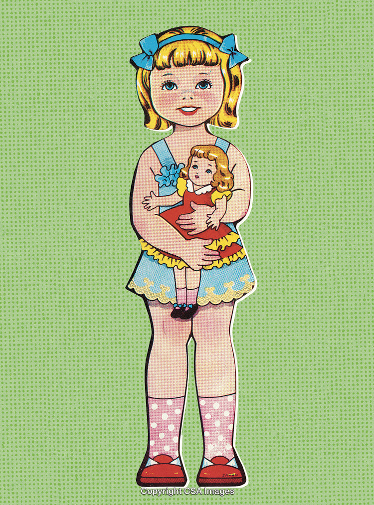 Whimsical Retro Illustration of a Girl Holding a Darling Doll on Green Background