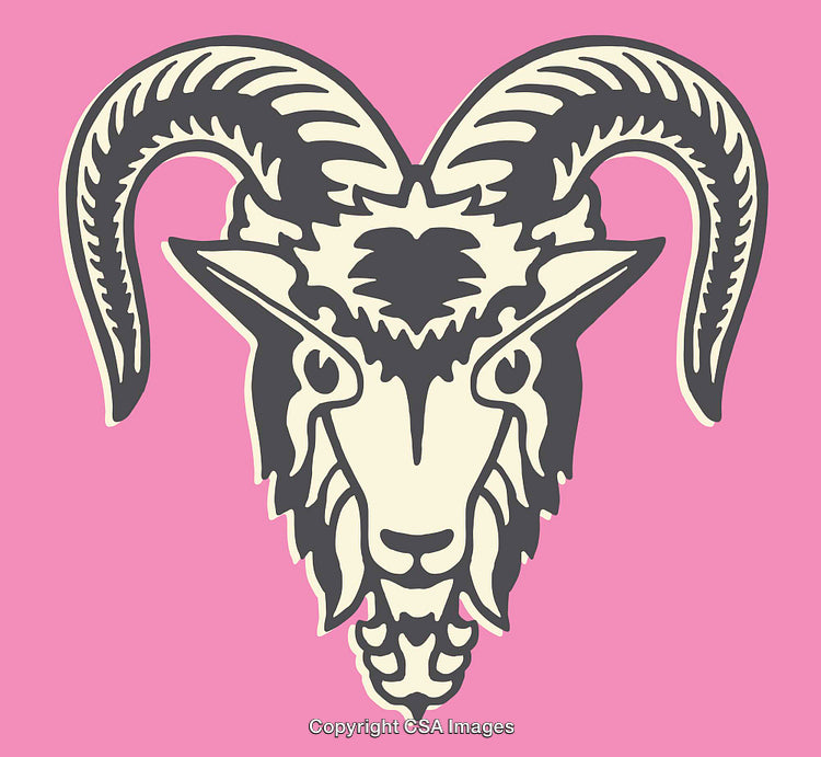 Stylized Goat Skull Illustration on Vibrant Pink Background