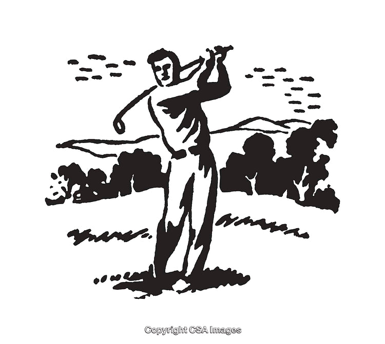 Black and White Illustration Depicting a Golfer Swinging on a Scenic Course