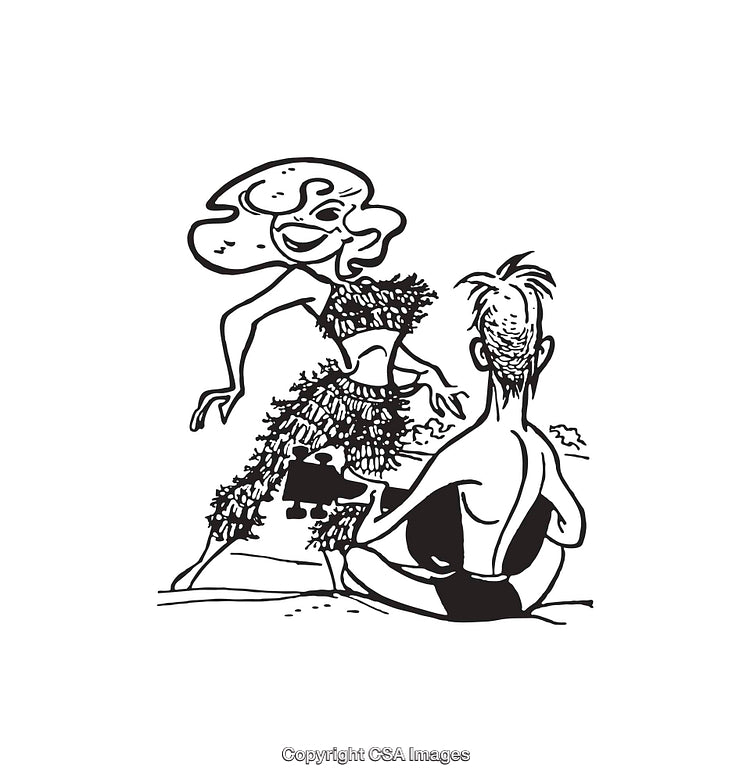Comedic Black and White Line Art of a Beach Scene Interaction
