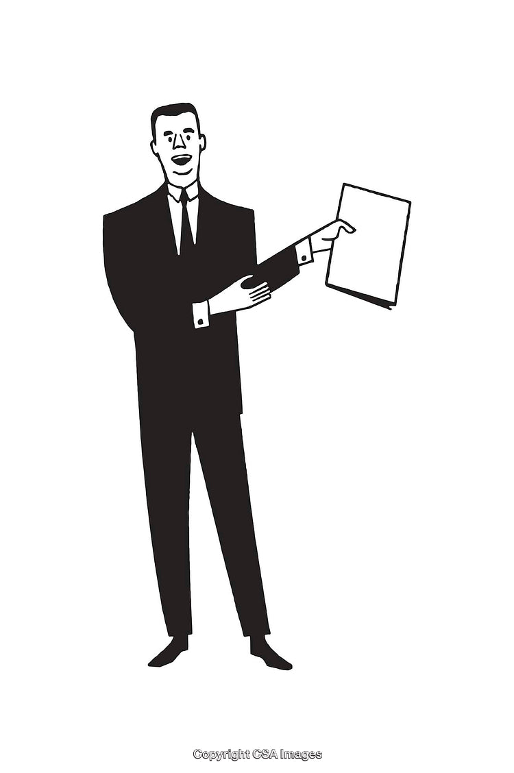 Retro Black and White Illustration of a Businessman Holding a Document