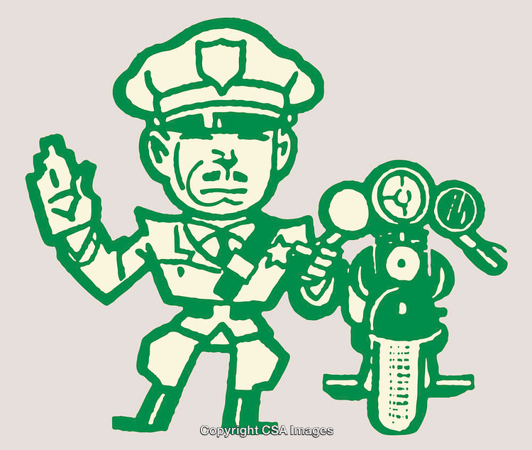 Cartoon Police Officer with Motorcycle in Green Ink Line Art Illustration