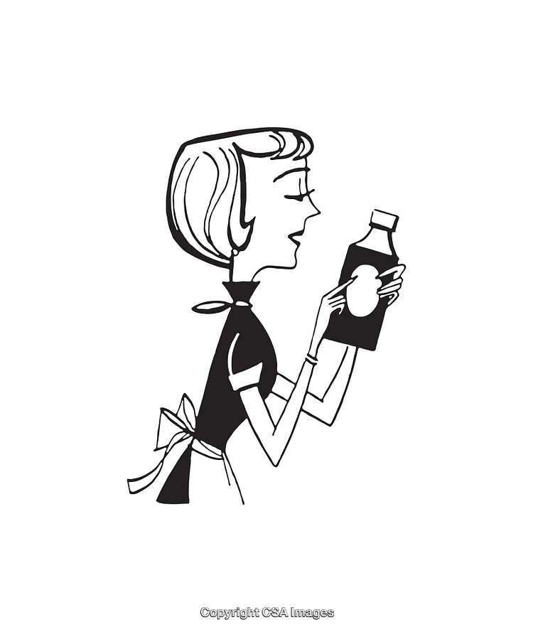 Retro Style Line Art of a Woman Examining a Bottle