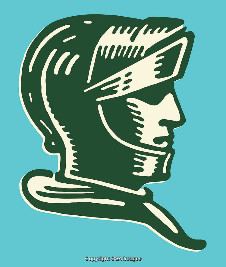 Retro Green Silhouette of a Helmetted Figure in Profile on Aqua Background