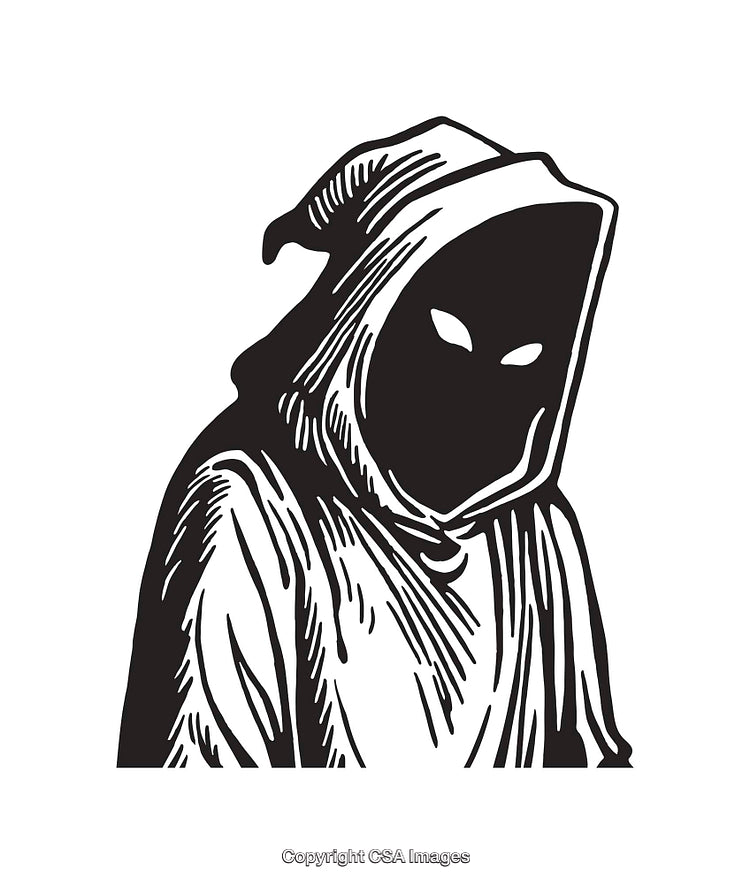Black and White Vector Illustration of a Mysterious Hooded Figure