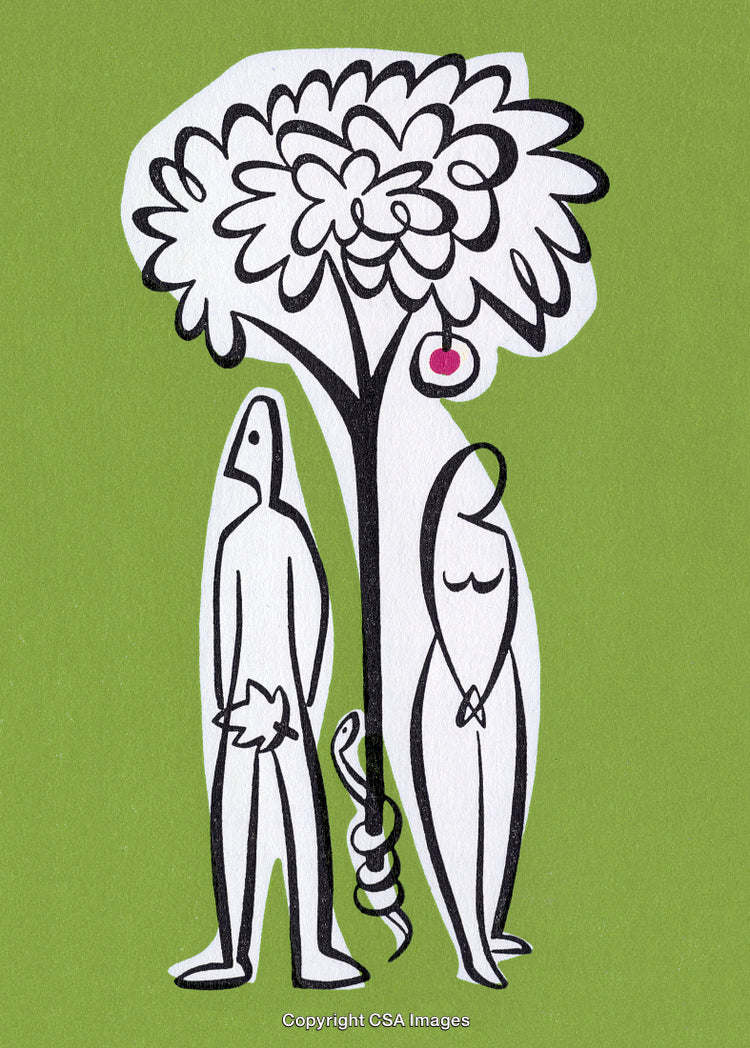 Artistic Illustration of Adam and Eve with Tree of Knowledge