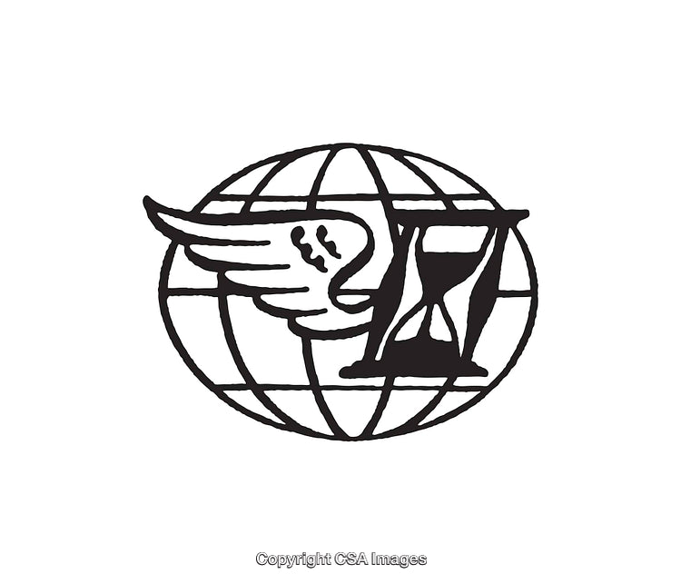Black and White Line Art with Winged Hourglass and Globe