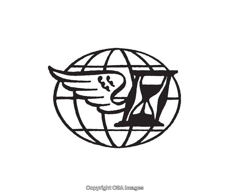 Black and White Line Art with Winged Hourglass and Globe